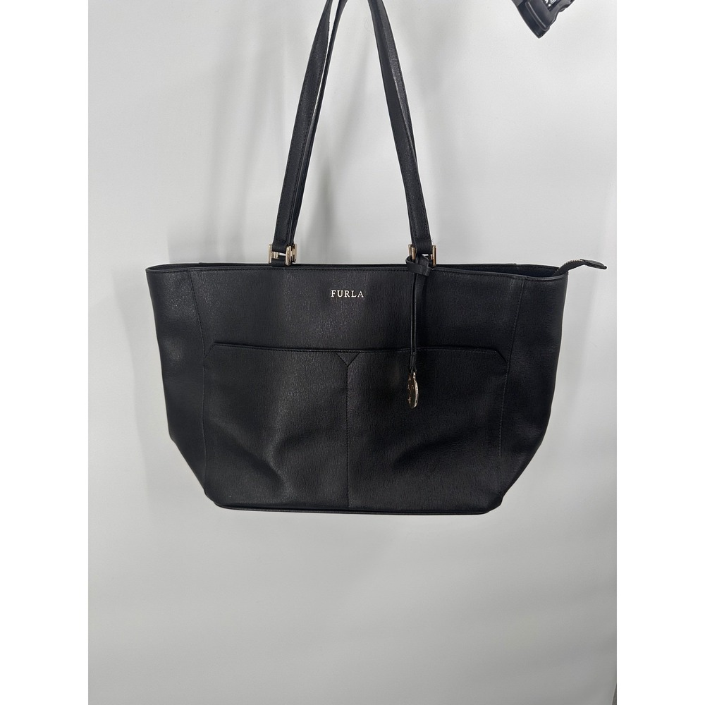 Furla Black Leather Tote Bag Purse‎ Handbag Designer Women's